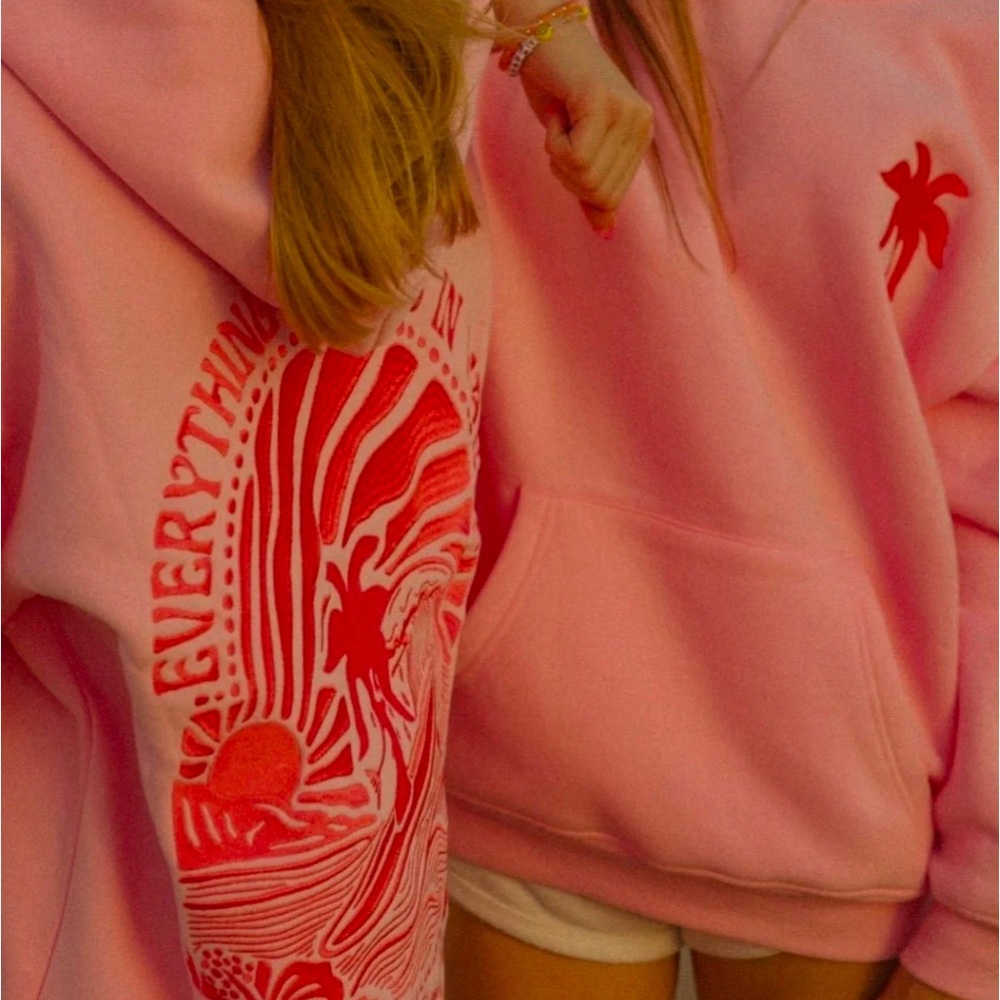 Pink Palm Puff - "Everything Comes in Waves" Hoodie in Pink. Size XXS.